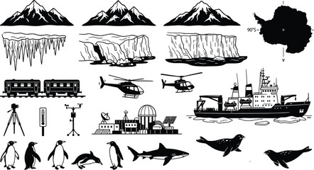 Fototapeta premium Antarctica Expedition Vector Icon Set Featuring Polar Landscape Elements Penguins Seals Research Station Icebergs and Scientific Exploration Equipment for Travel Designs
