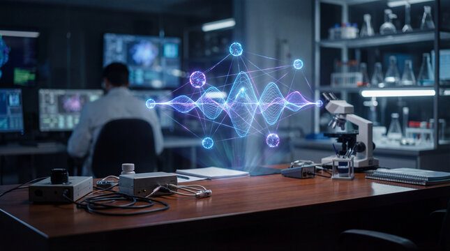 Laboratory computer quantum network digital wave research desk microscope science technology
