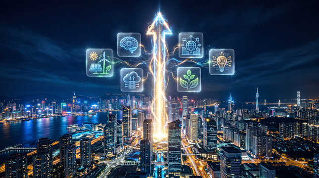 Smart city skyline energy beam over night cityscape with futuristic light and sustainable technology icons