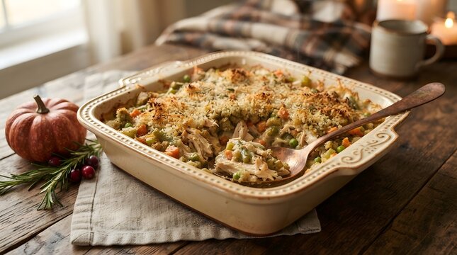 Baked chicken and vegetable casserole in a ceramic dish with a serving spoon.
