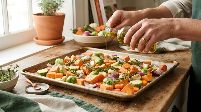 Drizzling olive oil over chopped sweet potatoes and brussels sprouts on a baking sheet.
