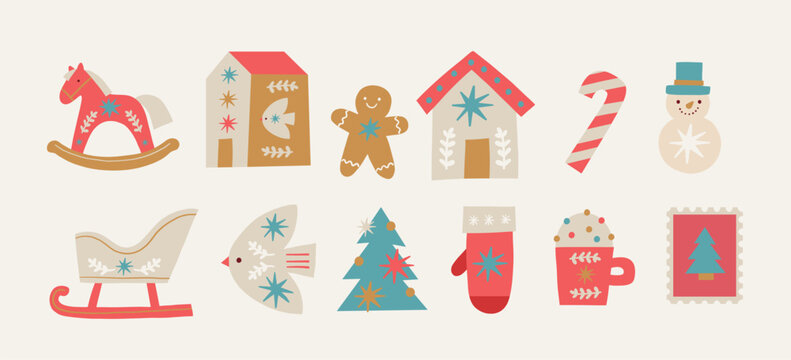 Christmas Hand Drawn vecor print. Festive Holiday clipart. Folk Decor Elements