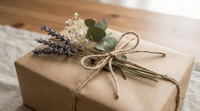 A beautifully wrapped gift box with rustic twine and a small bouquet of dried flowers and eucalyptus. The gift is presented on a textured linen cloth with a wooden surface in the background
