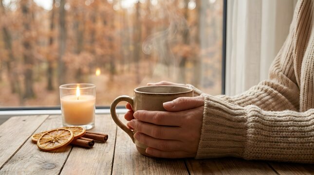 Hands holding a steaming mug on a wooden table with a candle and dried orange slices.