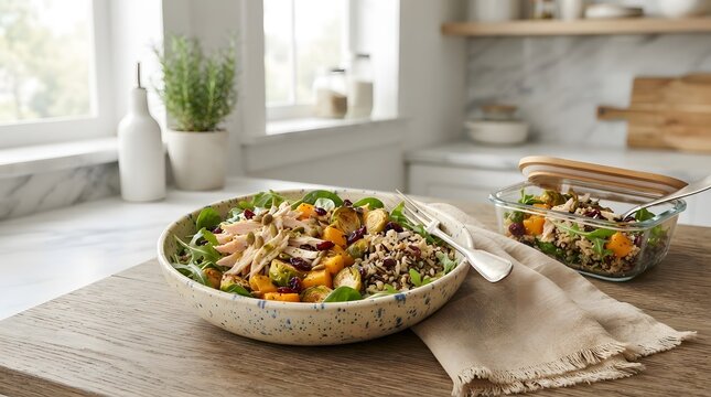 Leftover turkey and grain salad in a speckled bowl on a wooden table.