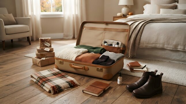 Open vintage suitcase packed with autumn clothing and gifts on bedroom floor.