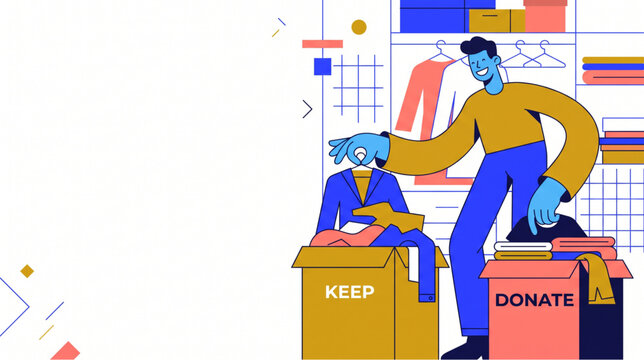 Modern illustration of a cheerful young man organizing his wardrobe, sorting clothes into keep and donate boxes for a sustainable, minimalist lifestyle.