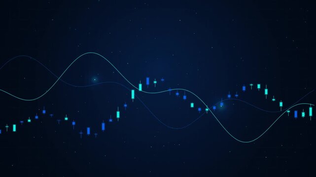Abstract financial trading chart with candlestick patterns and trend lines on a dark blue digital background