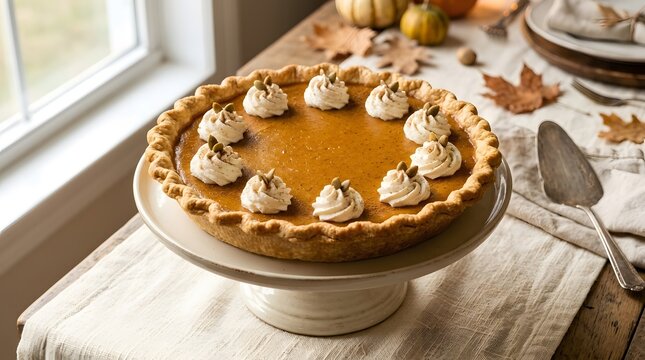 Pumpkin pie with whipped cream topping on a white ceramic cake stand.