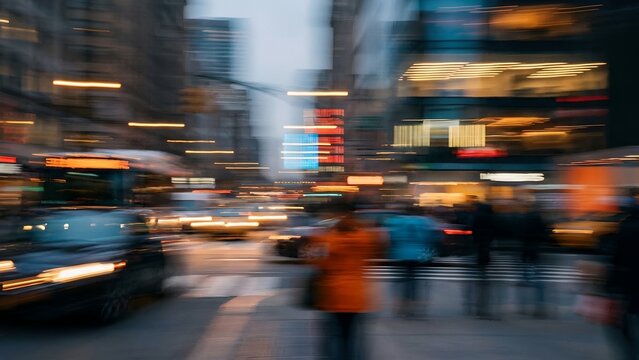 A blurry motion capture of a bustling city street at dusk with traffic lights, vehicles, and pedestrian silhouettes