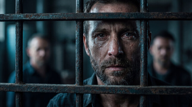 A close-up of a distressed man with a tearful expression looking through rusted prison bars, conveying feelings of hopelessness, isolation, and confinement.