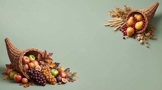 Two wicker cornucopias filled with fresh harvest fruits placed on a soft muted green background