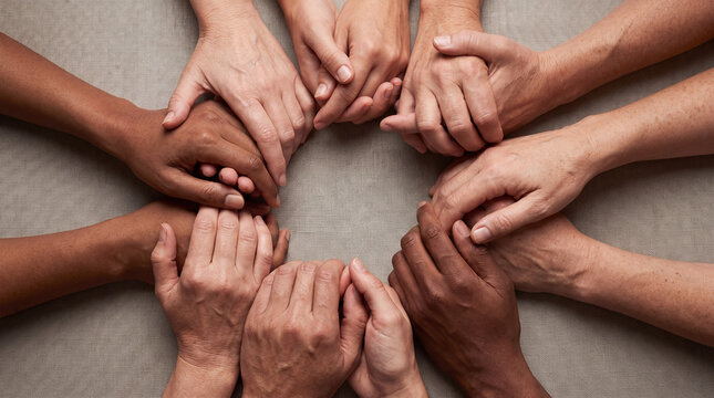 A high-angle studio shot of a diverse group of people connecting their hands in a circle, symbolizing unity, equality, inclusivity, and community support.