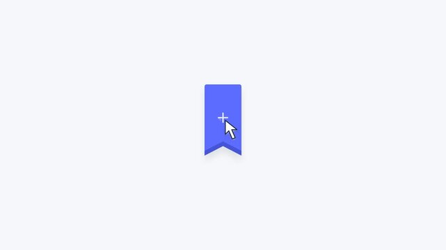 Mouse cursor clicks a bookmark icon with a plus symbol, triggering a smooth save animation with bookmark expansion, checkmark confirmation, and success feedback.