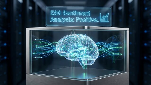 Digital illustration of an AI analyzing ESG sentiment. The hologram of a brain pulsates with data streams, representing artificial intelligence and data analysis in a modern.