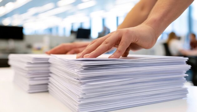 Hands placing a document on a large stack of paper in an office setting