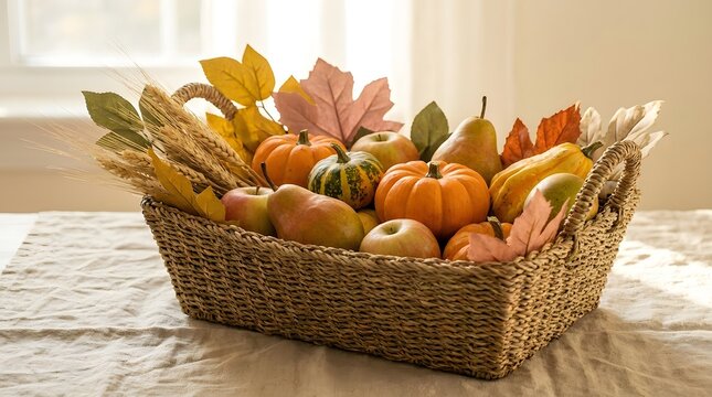 Woven basket filled with autumn harvest produce, pumpkins, and leaves.