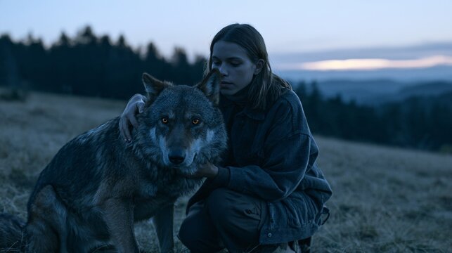 Young woman crouched beside a wolf on a quiet hillside, gentle hand resting on the animal's fur