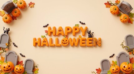 Fototapeta premium Happy Halloween lettering surrounded by carved pumpkins black cats and small gray gravestones on beige surface