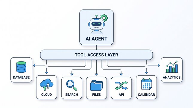 AI agent tool access layer workflow automation artificial intelligence software interface diagram integration database cloud search files api calendar analytics process technology