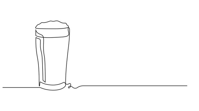 Animated continuous one line drawing of Beer mug. One continuous self drawing line animation, Self drawing animation one continuous line draw, logo, Abstract hand with two mugs, glass beer, Continuous