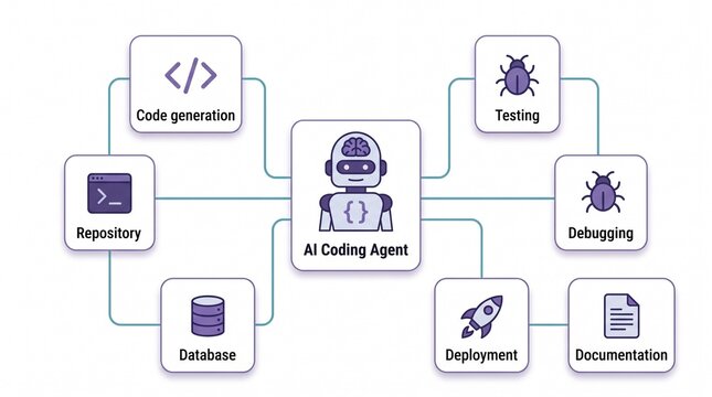 AI coding agent workflow automation artificial intelligence software development lifecycle diagram nodes programming testing debugging repository database deployment process interface