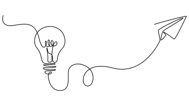 Lightbulb with flying paper plane continuous line drawing animation. Idea conceptual symbol animated video, Continuous one line drawing of electric light bulb and paper plane flying up. Concept.