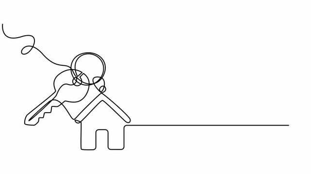 Key with house continuous one line art drawing animation. Private security symbol animated video, Animated self drawing of single continuous line draw elegant key house logo design.