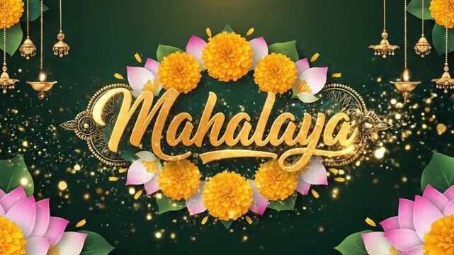 Festive floral decoration with golden calligraphy glow for mahalaya celebration durga puja navratri hindu worship cultural ceremony banner and social media animation