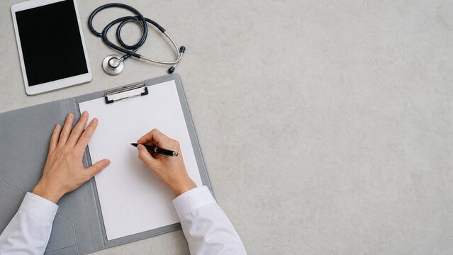 Hands writing on a paper medical chart