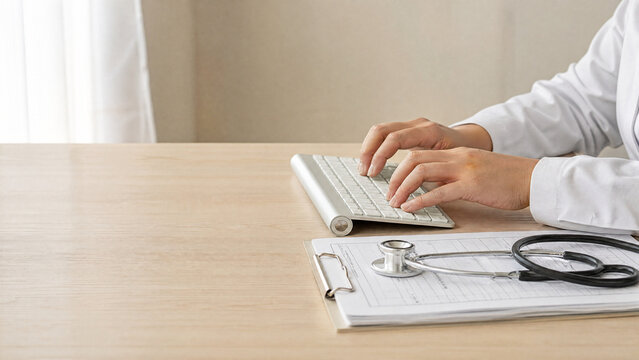 Hands on a keyboard entering a medical record