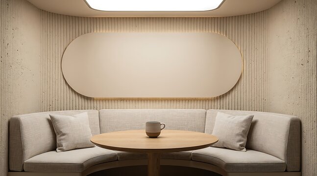 Modern Minimalist Interior Design of a Cozy Dining Nook Featuring a Curved Booth Seat, Round Wooden Table with a Mug, and Textured Fluted Wall Panel with an Oval Backlit Feature
