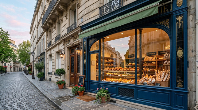 Charming Parisian storefront with large glass windows and fresh pastries on display