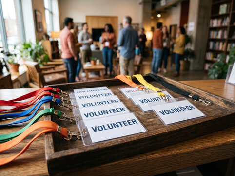 Volunteer Badges and Colorful Lanyards on Table Desk