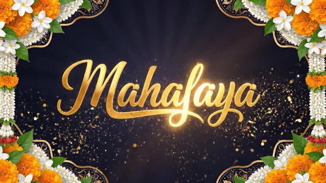Golden festive text animation with floral marigold frame and sparkling light effects for durga puja navratri hindu celebration banner wallpaper background design
