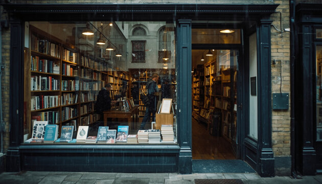 Cozy independent bookstore storefront window with books and warm lights