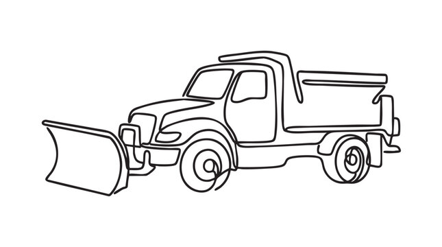 continuous line art vector icon of a snowplow vehicle featuring truck, winter