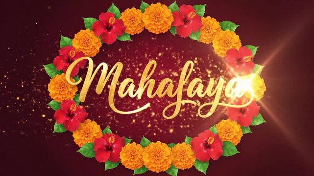 Festive floral frame with golden calligraphy glow for mahalaya celebration durga puja navratri hindu worship cultural ceremony banner and social media animation