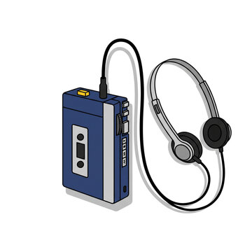 Retro cassette player with wired headphones in pixel art style