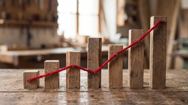 Wooden blocks forming an upward trending graph with a red line on a rustic wooden table, symbolizing growth and progress