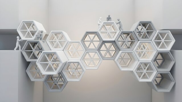 A futuristic honeycomb-like structure with geometric shapes and small figures interacting with the design