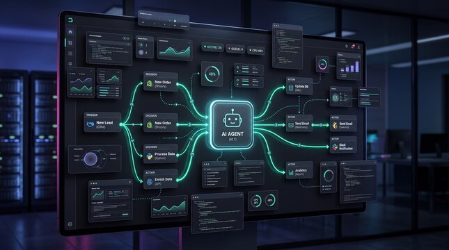 AI agentic workflow automation artificial intelligence software interface nodes triggers decision actions dashboard diagram monitor process digital network technology 3d rendering