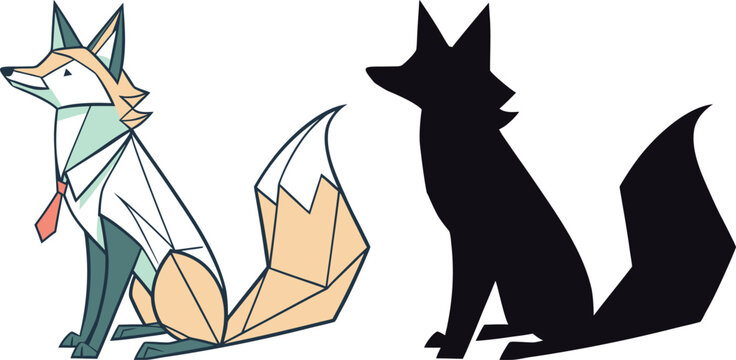 Geometric stylized fox wearing tie and silhouette version side by side vector graphic design with red fox geometric silhouette wildlife