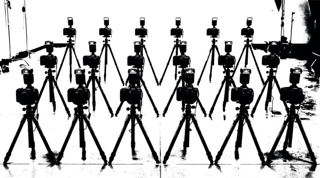 Camera rig photo studio setup with multiple cameras on tripods and flashes black and white