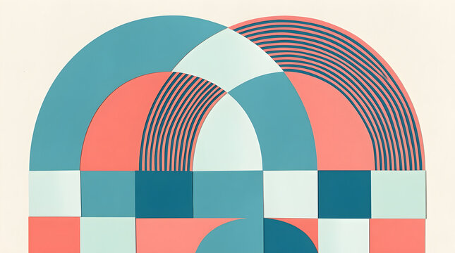 Abstract geometric arch illustration, two large arch shapes stacked one behind the other in the upper half, their, in a fresh coastal palette of teal blue, coral pink...