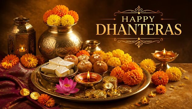 Happy dhanteras festival celebration with golden coins sweets and traditional lamps