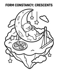 Obraz premium Shape Recognition and Spatial Awareness for Children Whimsical Bear on Crescent Moon in Floating Island Isometric Form Constancy Learning Activity Kids Visual Perception Coloring Worksheet