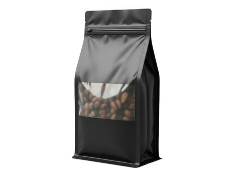 Black coffee bean bag with a clear window for product packaging design mockup isolated on transparent background