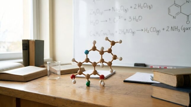 A molecular model of a chemical compound sits on a desk next to books and a whiteboard filled with formulas. This represents a science or chemistry classroom setting