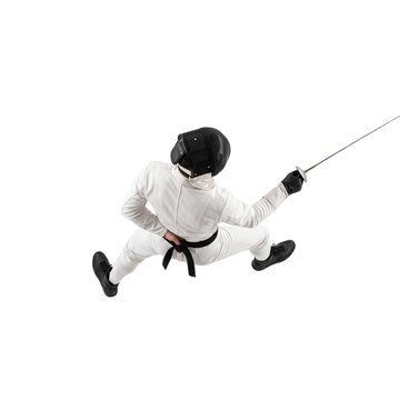 Professional fencer in white uniform holding sword